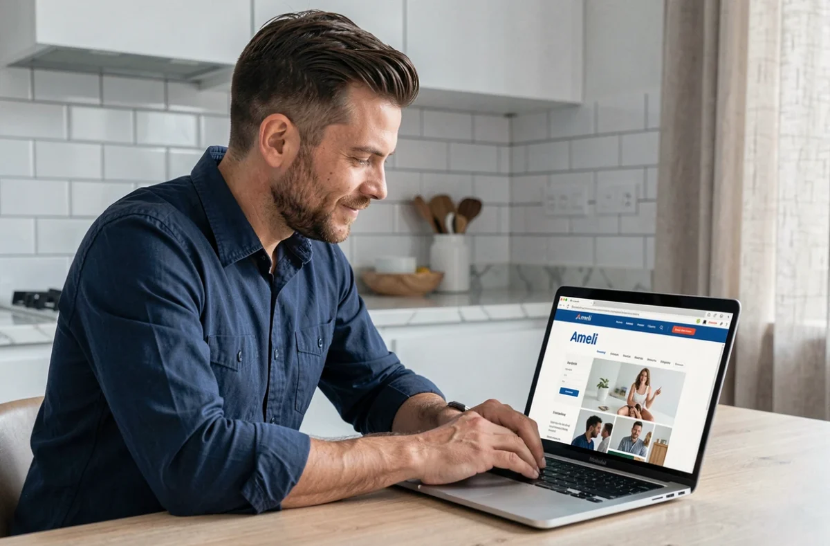 Homme connecté sur le site Ameli depuis son ordinateur portable pour déclarer sa mutuelle complémentaire