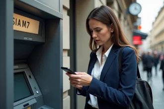 Femme tenant une carte bancaire bloquée devant un distributeur automatique en ville tout en consultant son smartphone