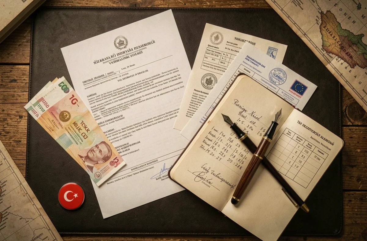 Vue aérienne de documents d'assurance turcs, formulaires fiscaux et passeport européen sur un bureau en chêne pour illustrer la fiscalité internationale