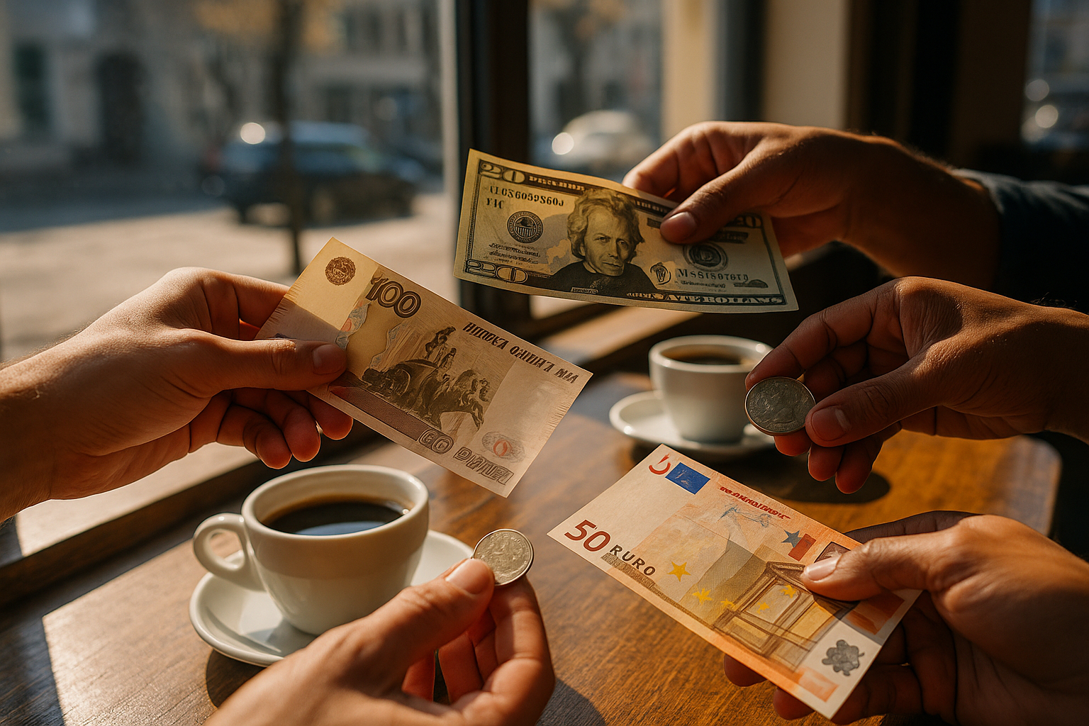 Echange de billets et pièces de différentes devises sur une table de café