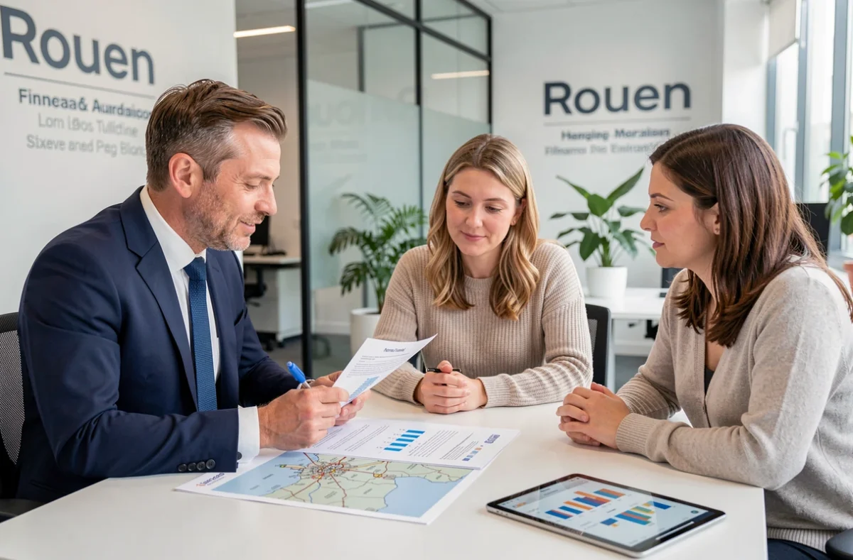 Un conseiller Empruntis à Rouen présente une simulation de prêt immobilier à des clients