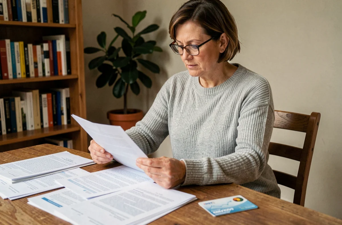 Femme consultant des documents de mutuelle à son bureau à domicile pour les enregistrer sur Ameli