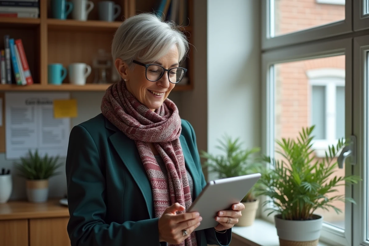 Enseignante exp&eacute;riment&eacute;e v&eacute;rifiant sa fiche de paie sur une tablette dans la salle du personnel