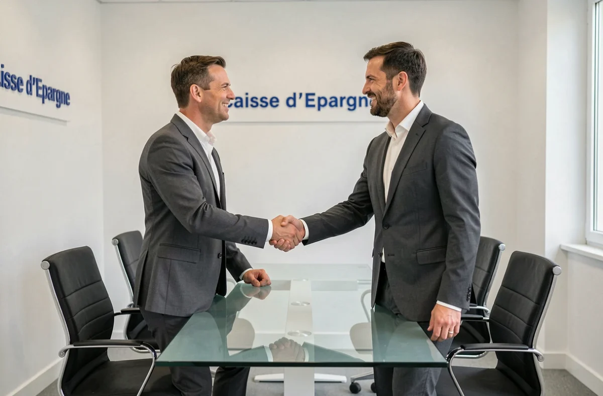 Entrepreneur serrant la main d'un conseiller Caisse d'Epargne lors d'un rendez-vous bancaire professionnel en agence