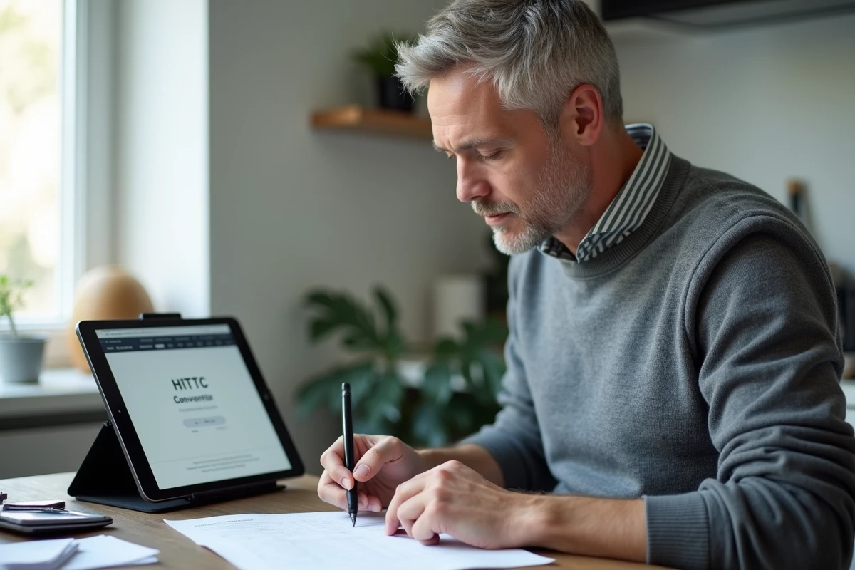 Entrepreneur indépendant utilisant un outil de conversion HT TTC sur tablette depuis son bureau à domicile