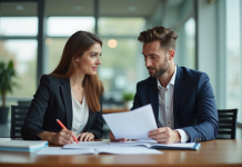 Une femme et un homme d'affaires confiants discutent au bureau