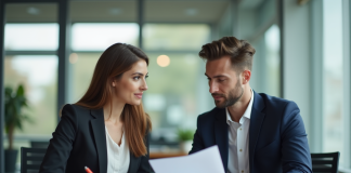 Une femme et un homme d'affaires confiants discutent au bureau