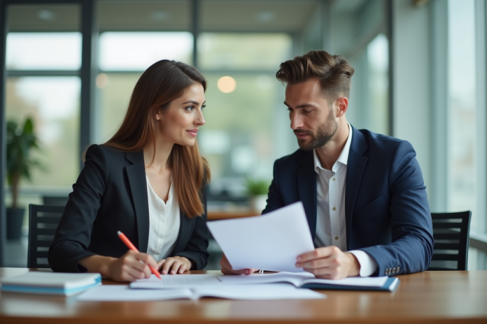 equipe-affaires-confiance Une femme et un homme d'affaires confiants discutent au bureau