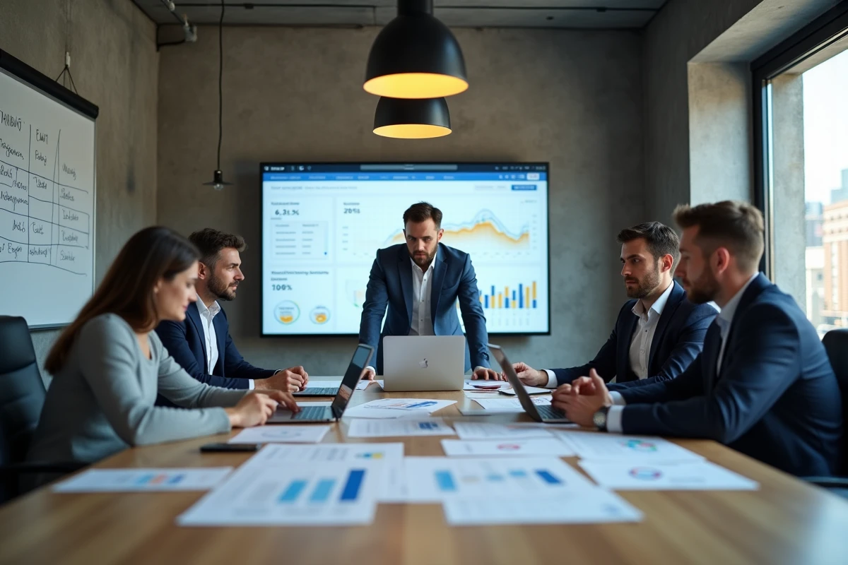 Équipe de professionnels de la fintech débattant de la chute du cours de Solana malgré un écosystème blockchain dynamique en salle de réunion