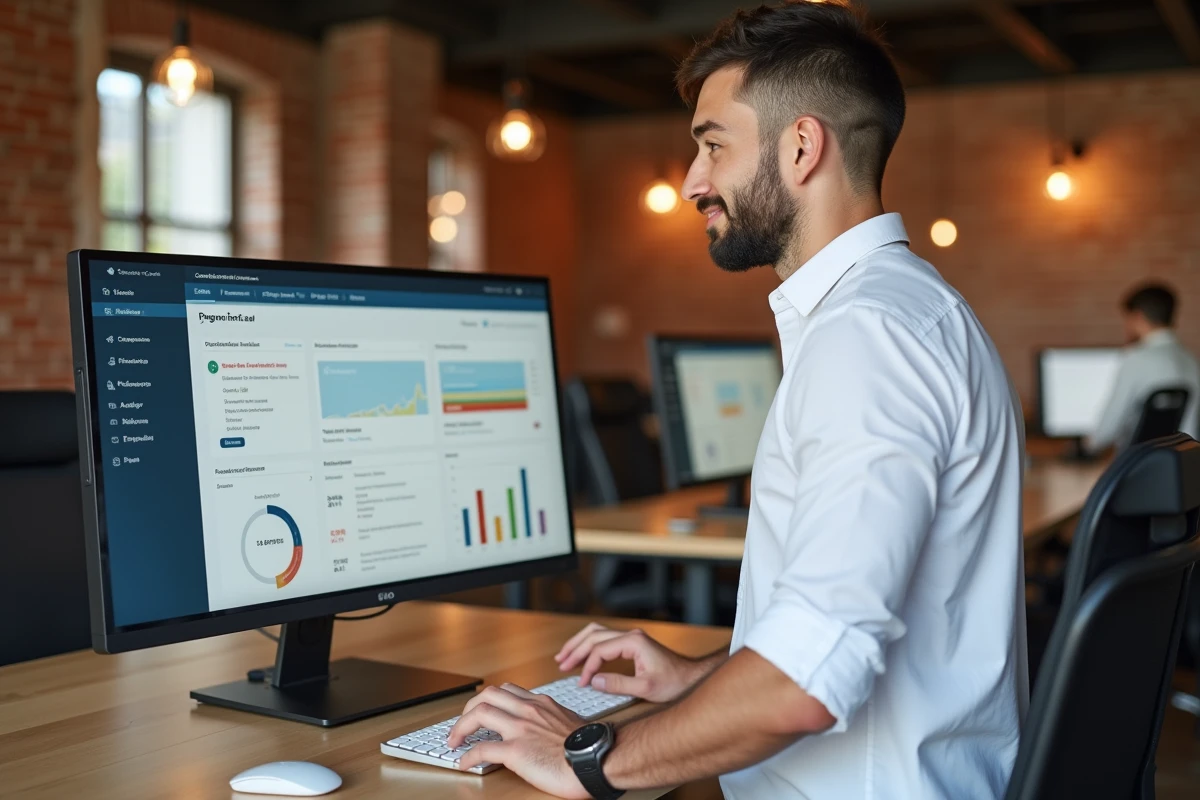 Jeune professionnel accédant au tableau de bord de son espace particulier Société Générale sur ordinateur de bureau en espace de coworking