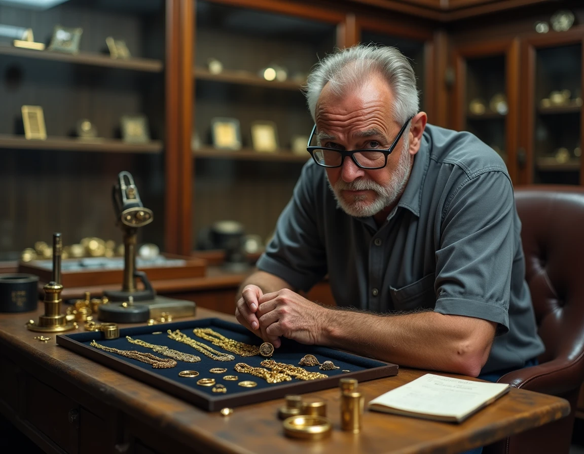 Bijoutier professionnel évaluant des bijoux en or de différents carats sur un plateau de velours dans son atelier