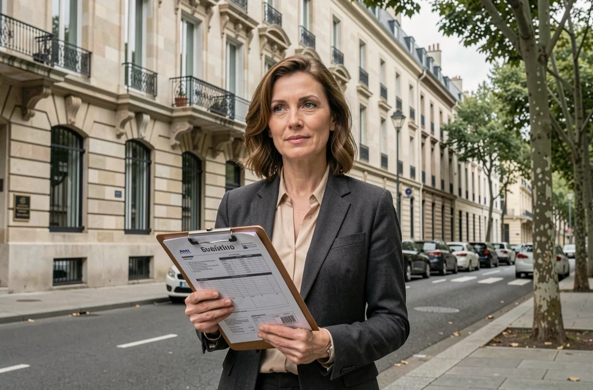 Professionnelle de l'immobilier évaluant un immeuble résidentiel pour une SCPI