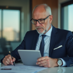 Expert financier homme en costume regardant un document digital
