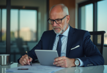 Expert financier homme en costume regardant un document digital
