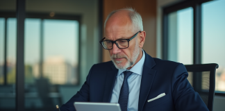 Expert financier homme en costume regardant un document digital