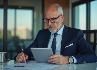 Avis d’experts sur le coffre-fort de Nibelis en matière de finance Expert financier homme en costume regardant un document digital