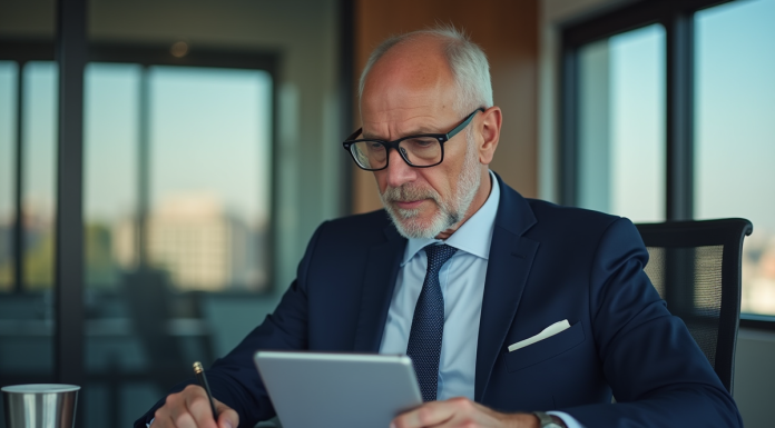 Expert financier homme en costume regardant un document digital