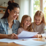 Famille souriante discutant contrats d'assurance à la maison