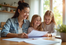 Famille souriante discutant contrats d'assurance à la maison