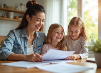 Famille souriante discutant contrats d'assurance à la maison