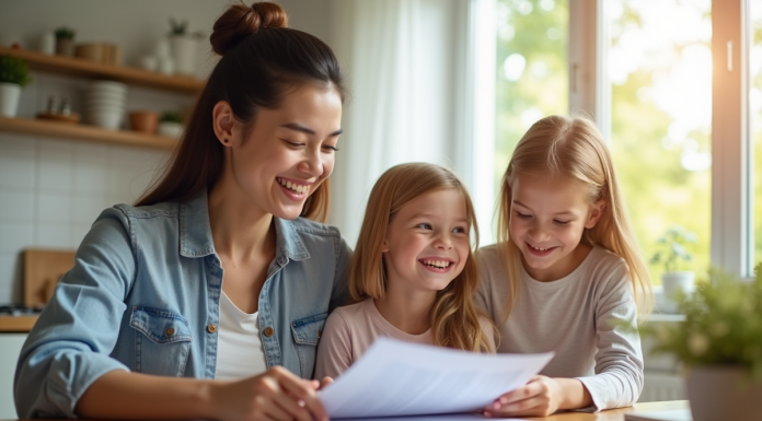 Famille souriante discutant contrats d'assurance à la maison