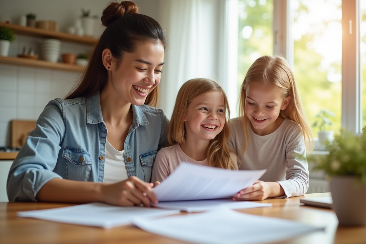 Famille souriante discutant contrats d'assurance à la maison