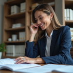 Femme d'affaires confiante en costume bleu dans un bureau moderne