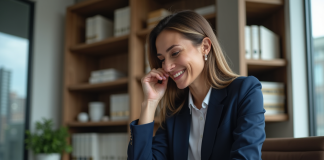 Femme d'affaires confiante en costume bleu dans un bureau moderne