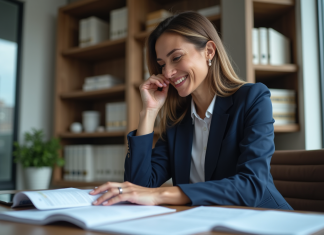 Avantages fiscaux de la SAS : comment en profiter au maximum ? Femme d'affaires confiante en costume bleu dans un bureau moderne