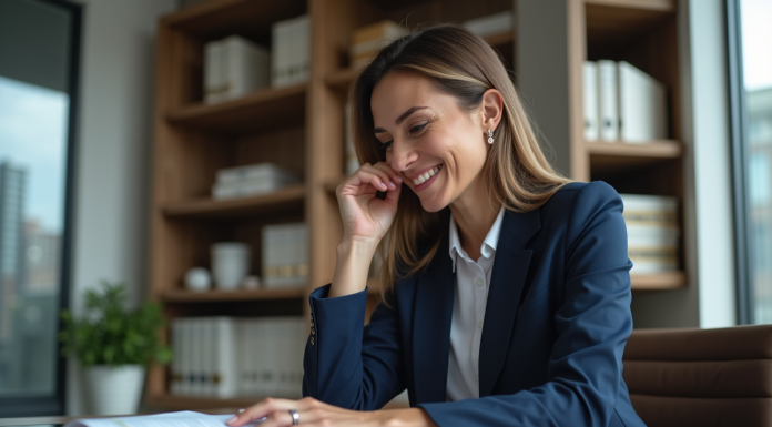 Femme d'affaires confiante en costume bleu dans un bureau moderne