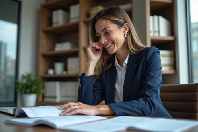 Femme d'affaires confiante en costume bleu dans un bureau moderne