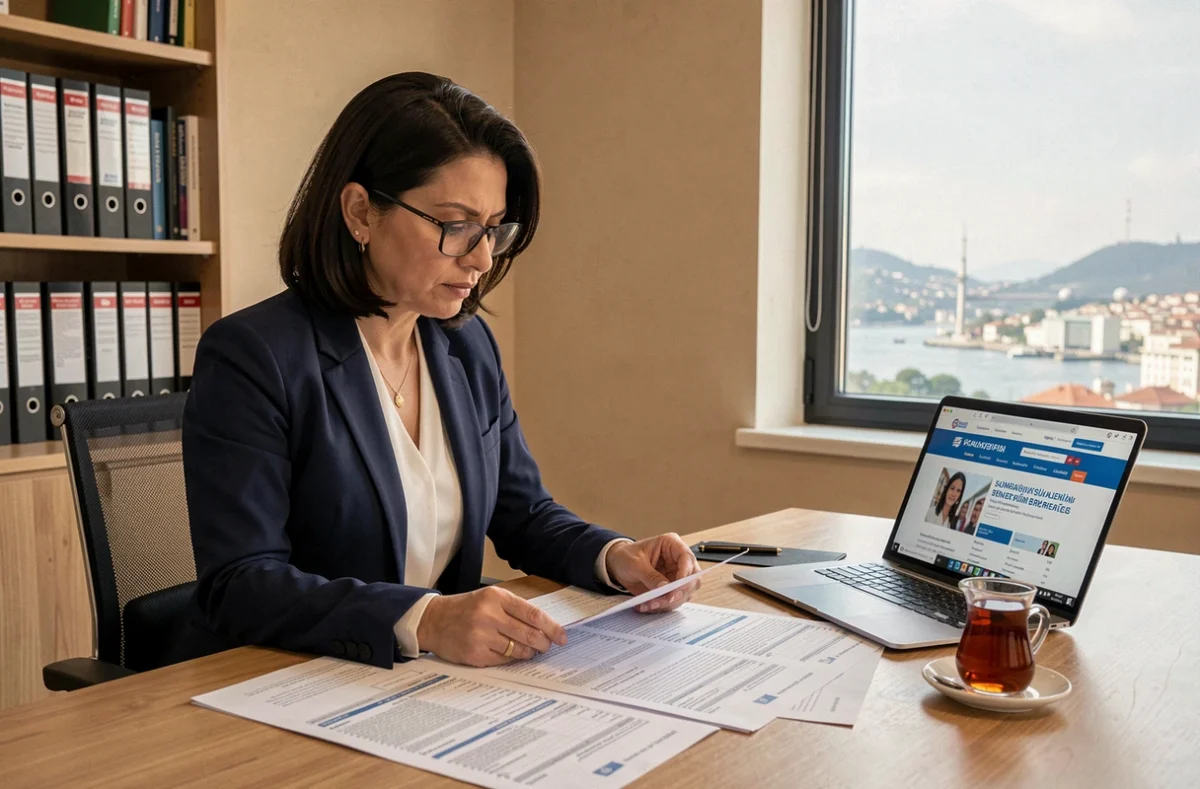 Femme d'affaires turque examinant des contrats d'assurance et des documents fiscaux dans un bureau professionnel à Istanbul