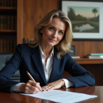 Femme d affaires en costume écrivant une lettre à la main