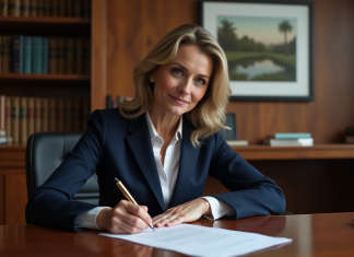 Femme d affaires en costume écrivant une lettre à la main