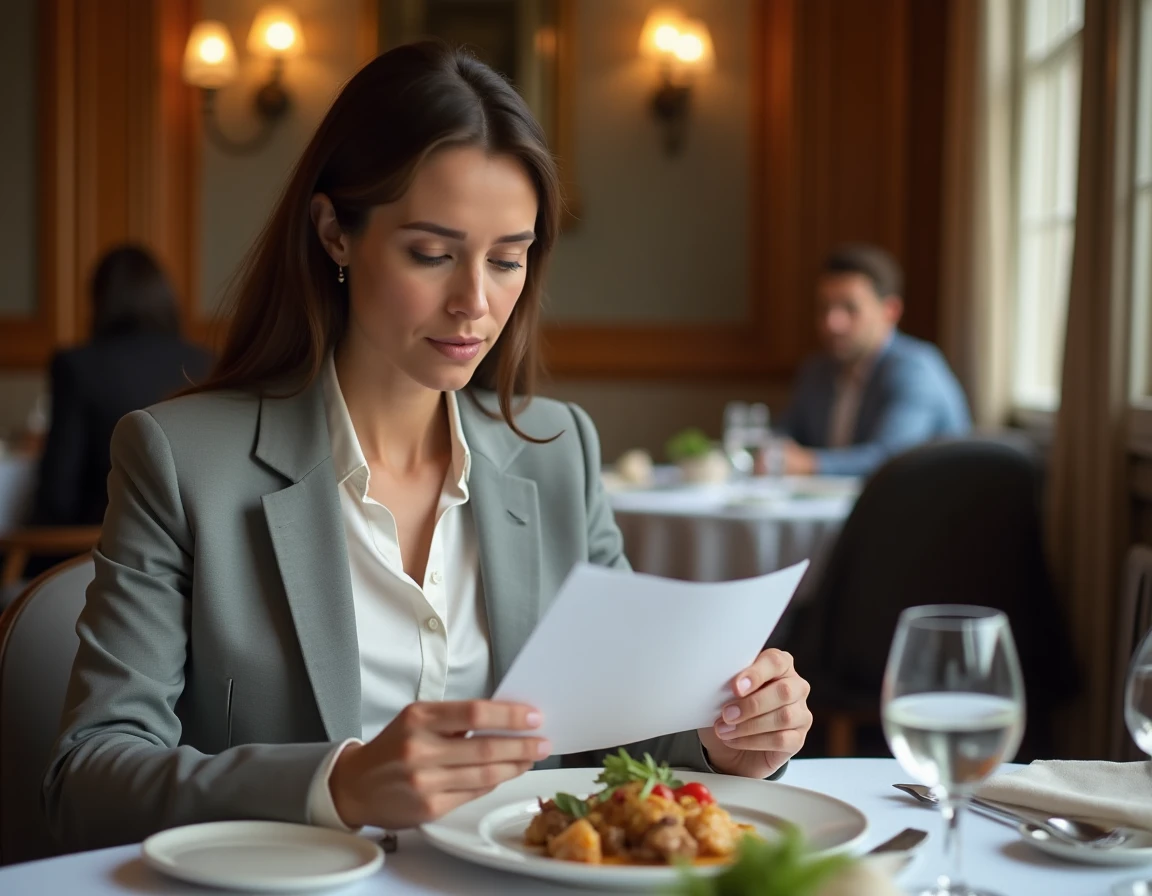 Femme d'affaires en restaurant consultant ses notes de frais de repas professionnels