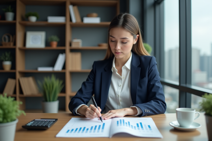 Jeune femme d'affaires en revue de rapports financiers