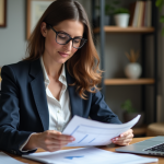 L’article 82 et l’épargne salariale : tout ce que vous devez savoir Femme d'affaires en bureau français examine des documents financiers