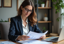 L’article 82 et l’épargne salariale : tout ce que vous devez savoir Femme d'affaires en bureau français examine des documents financiers
