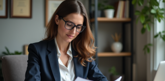 L’article 82 et l’épargne salariale : tout ce que vous devez savoir Femme d'affaires en bureau français examine des documents financiers