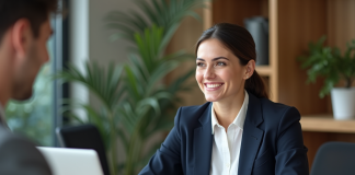 Femme d'affaires souriante dans un bureau moderne