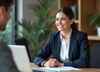 Client : convaincre facilement pour souscrire à un crédit Femme d'affaires souriante dans un bureau moderne