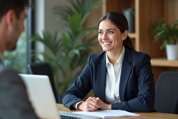 femme-affaires-souriante-bureau Femme d'affaires souriante dans un bureau moderne