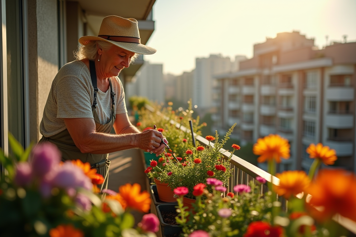 Femme âgée jardinant sur balcon avec plantes colorées