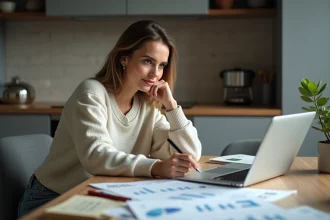 Femme concentrée analysant des documents financiers à la maison