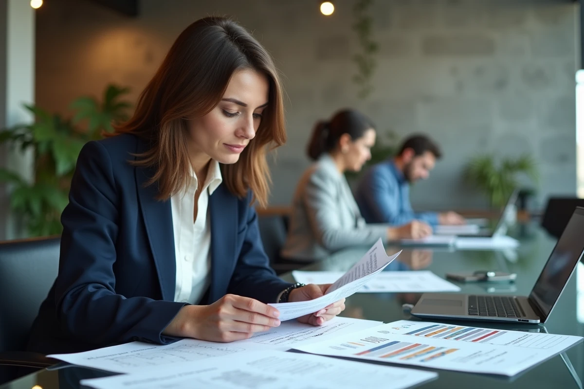 Femme analyse des documents de simulation fiscale et de revenus fonciers dans un espace de co-working moderne