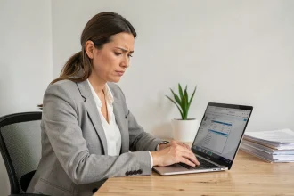 Femme analysant ses frais bancaires sur un ordinateur portable dans un bureau à domicile moderne