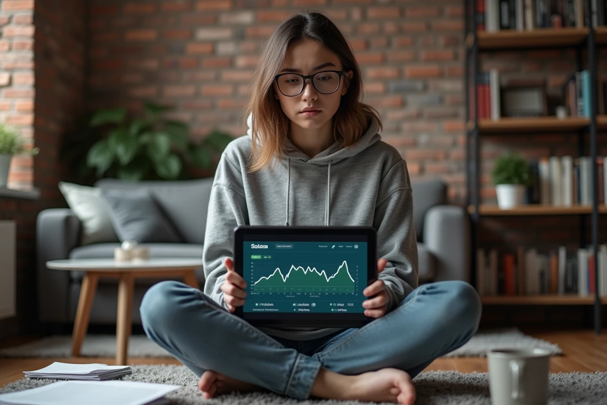 Jeune femme analysant la baisse du prix de Solana et les statistiques d'activité du réseau sur une tablette depuis son appartement