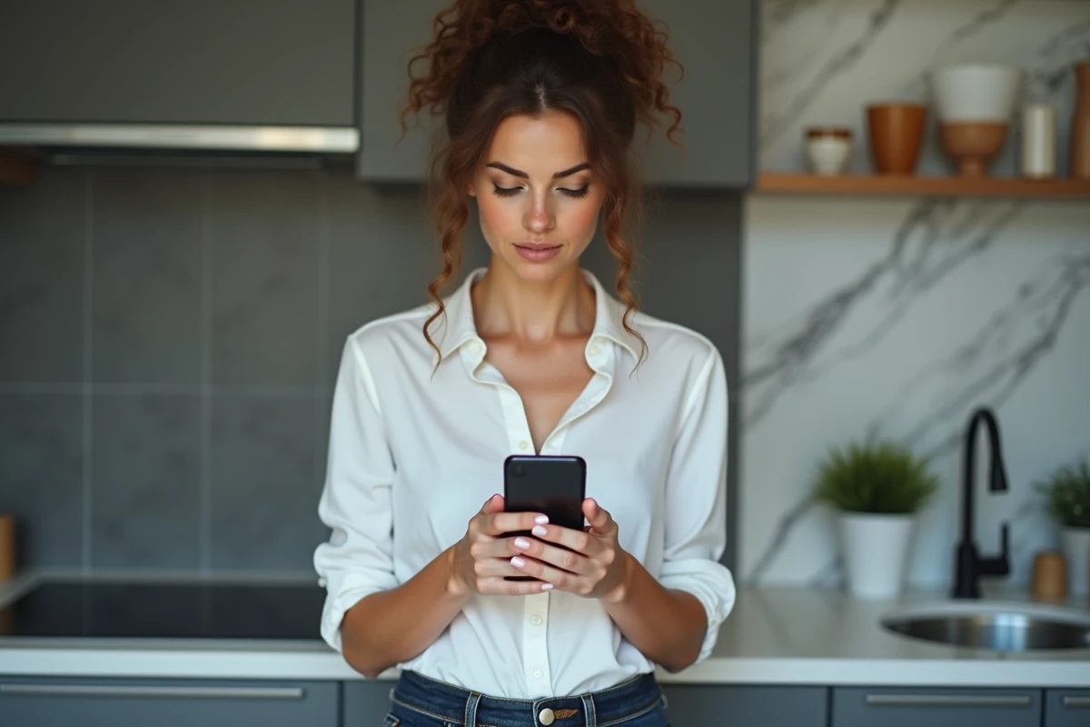 Femme consultant son application Free Mobile sur smartphone pour modifier ses informations bancaires