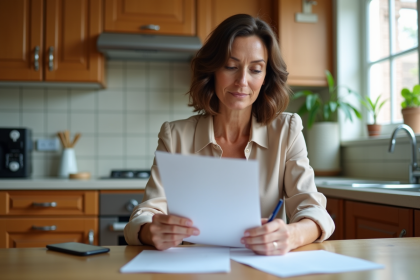 Femme d'âge moyen examine documents d'assurance à la maison