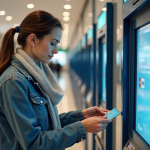 Retirer de l’argent avec une carte cadeau : astuces et conseils pratiques Femme examinant une carte cadeau devant un ATM moderne